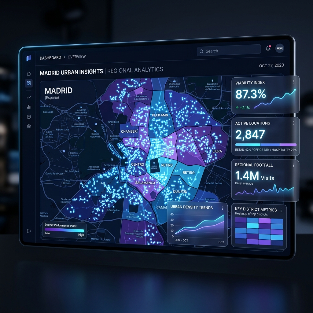 Dashboard Geo-Predictive BI mostrando mapa de Madrid con análisis de viabilidad